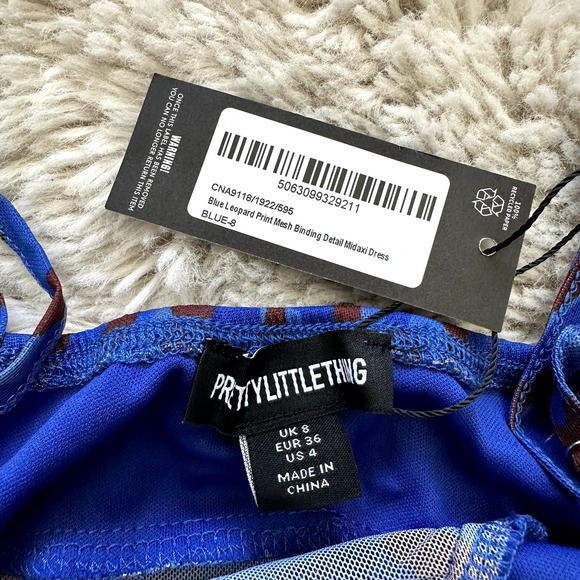 *NWT* Pretty Little Thing Blue Leopard Print Mesh Binding Midaxi Dress Sz S US 4 - Picture 6 of 12